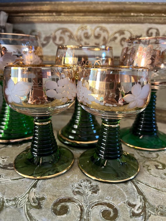 Vintage Bockling Green Glass, 22K Gold Etched Floral Wine Glass
