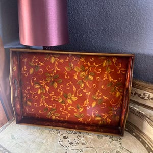 Vintage Large Wooden Tray with Handles, Hand Painted Lacquer Chinese Vine Pattern Made in China 18&quot; x 13&quot; x 3&quot;