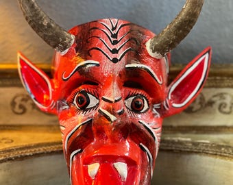 Vintage Hand Carved Alebrije Devil Mask, Copal Wood Oaxaca Art