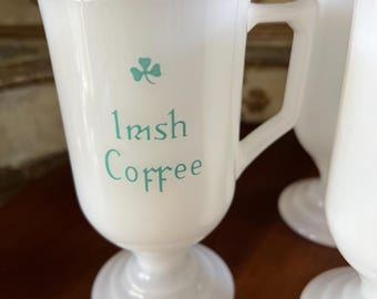 Vintage Milk Glass Irish Coffee Mug, Shamrock Pedestal, Gilded Crown