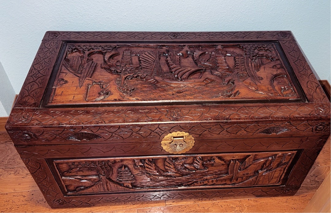 Antique Chinese Carved Chest, Camphor Wood. Etsy