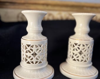 Vintage Ceramic Candle Holders, Set of 2, Pierced Design, Gold Trim