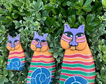 Laurel Burch Wooden Cats. Hand Painted. Set of 3 Cats. See