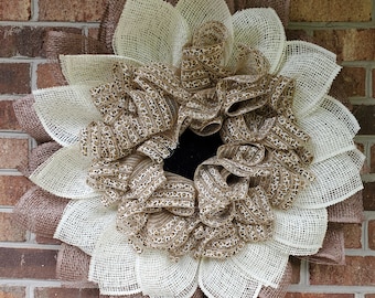 Cheetah printed poly burlap flower wreath
