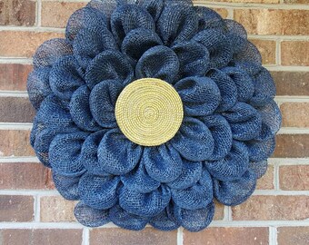 READY TO SHIP-Poly burlap navy and gold flower wreath-