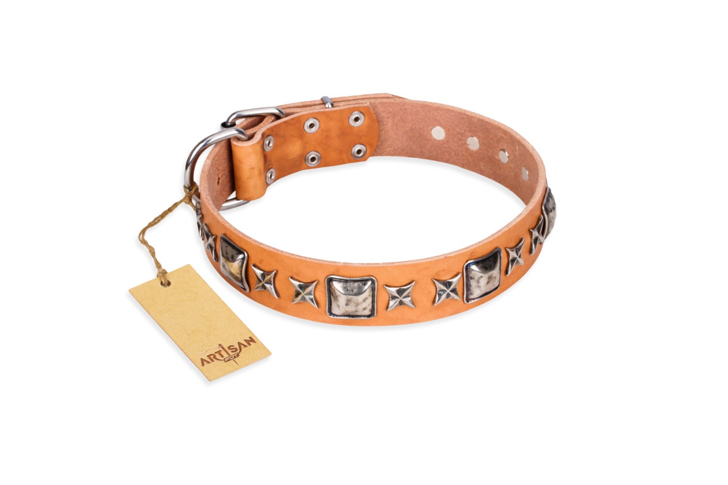 Glamour Tan Leather Dog Collar Silver Chic Decor Etsy