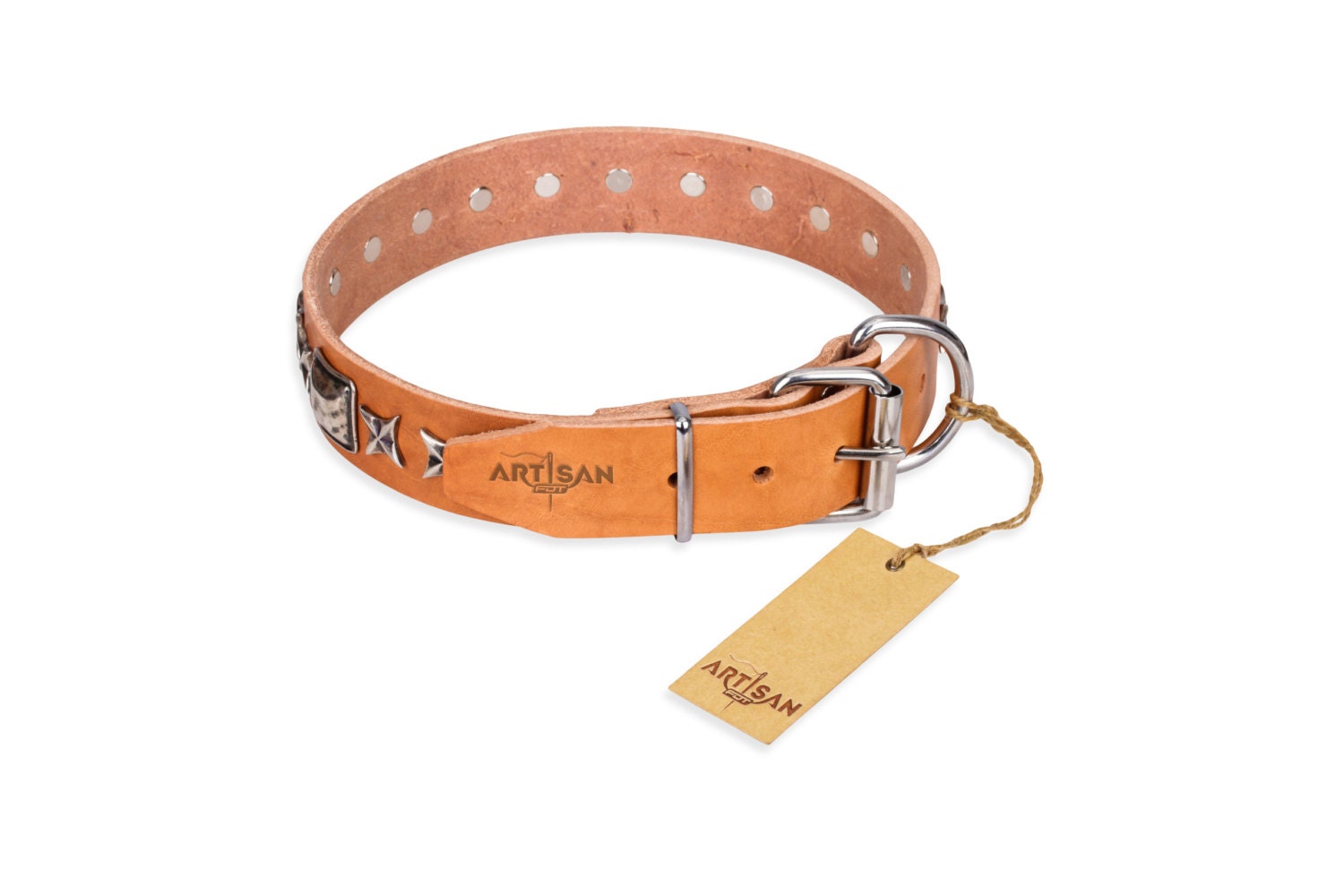 Glamour Tan Leather Dog Collar Silver Chic Decor Etsy