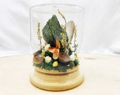 Crystal Fairy Garden - Green Fuchsite Crystal Terrarium Art - Miniature Diorama with Dried Flowers