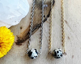 Crystal Bead Necklace - Dalmatian Stone Pendant - Healing Jewelry for Joy and Grounding