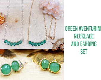 Green Aventurine Crystal Jewelry Set - Necklace and Stud Earrings - Jewelry for Love and Luck