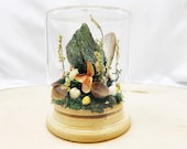 Crystal Fairy Garden - Green Fuchsite Crystal Terrarium Art - Miniature Diorama with Dried Flowers