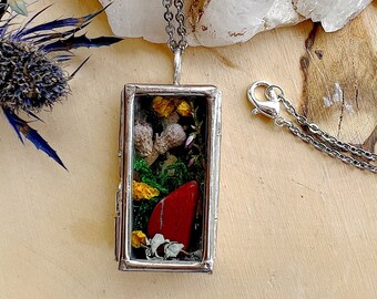 Crystal Terrarium Necklace - Red Jasper Stone Pendant - Shadow Box Nature Fairy Garden