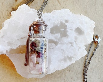 Rose Quartz Crystal Spell Jar Necklace - Intention Jar Pendant for Gratitude and an Open Heart