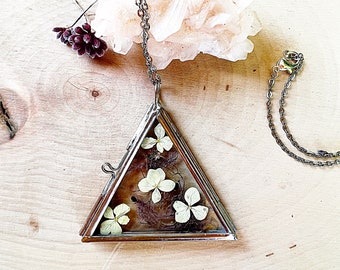 Framed Dried Flower Necklace - Real Flower Jewelry  - Nature Flower Silver Triangle Pendant