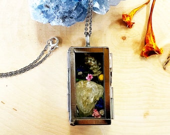 Citrine Crystal Terrarium Necklace - Flower Shadow Box Pendant - Nature Jewelry