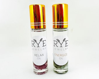 Relax and Energize Oil Roller Set - Energizing and Relaxing Essential Oil Aromatherapy - Healing Crystal Natural Perfume