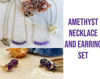 Amethyst Crystal Jewelry Set - Necklace and Stud Earrings - Jewelry for Intuition and Spiritual Connection