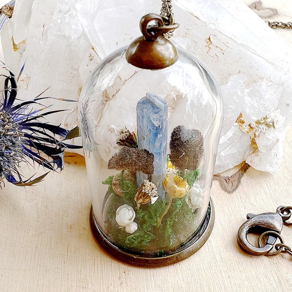 Diorama Necklace - Healing Crystal Terrarium Necklace - Blue Kyanite Nature Pendant