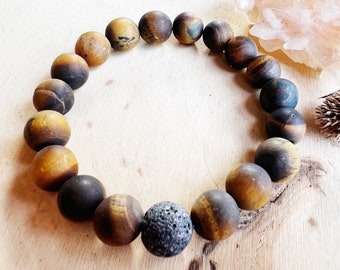 Men’s/Unisex Tiger’s Eye Bracelet - 10mm Healing Crystal Bracelet with Lava - Bracelet for Protection and Grounding