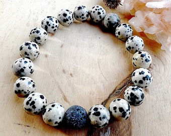 Men’s/Unisex Dalmatian Stone Bracelet - 10mm Healing Crystal Bracelet - Bracelet for Joy and Grounding