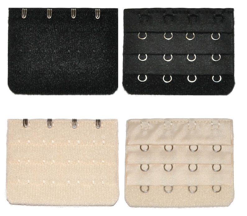 May include: Two sets of bra extenders, one black and one beige. Each set has three rows of hooks and eyes.