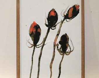 Cornice per risografia con bouquet di natura morta con inchiostro ad acquerello, edizione limitata firmata