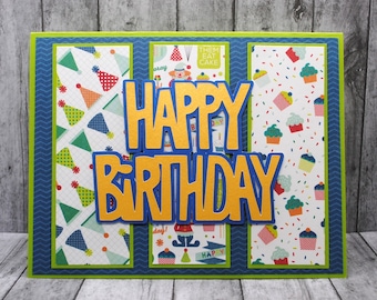 Green and Blue Tri Panel Happy Birthday Card, Blank Greeting Card