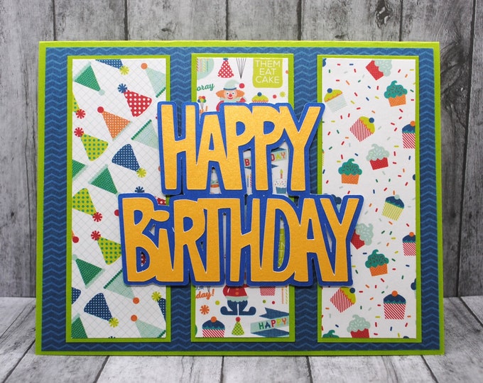 Green and Blue Tri Panel Happy Birthday Card, Blank Greeting Card
