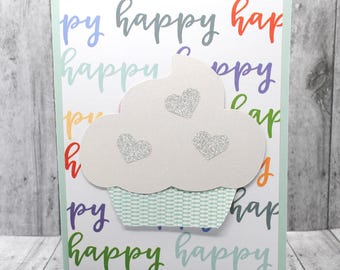 Happy Hearts Cupcake Birthday Card - Shimmery Frosting, Blue