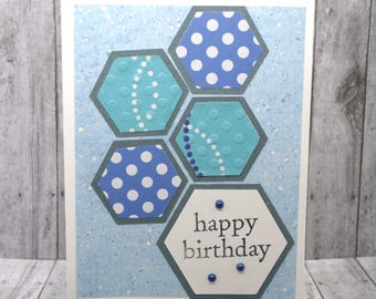 Hexagon Birthday Card: Blues and Polka Dots