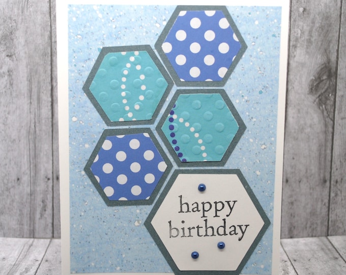 Hexagon Birthday Card: Blues and Polka Dots