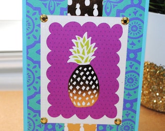 Blue or Green Tropical Pineapple Card, Blank Greeting Card