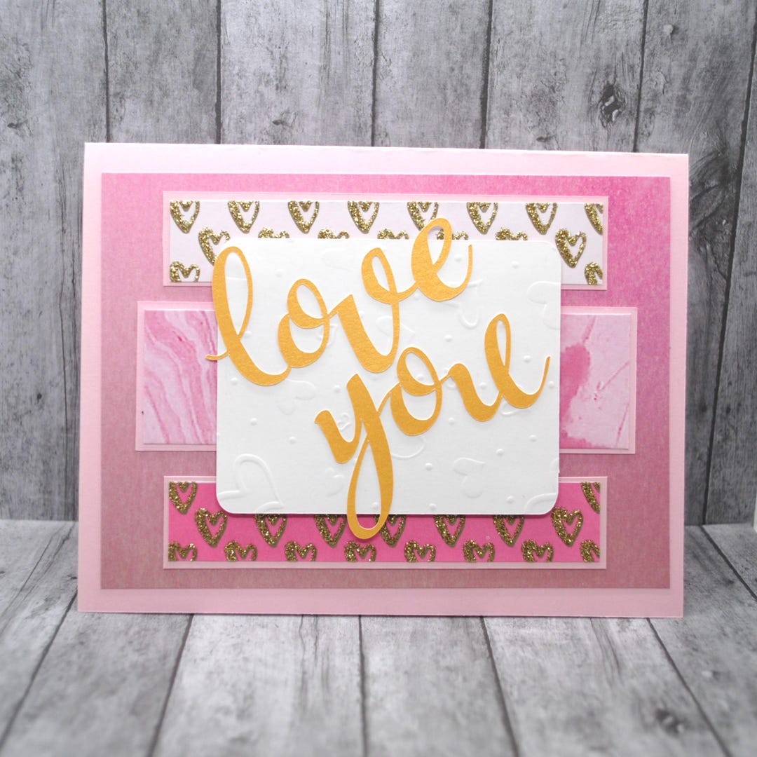 Love You Greeting Card: Pink & Gold Hearts - Etsy