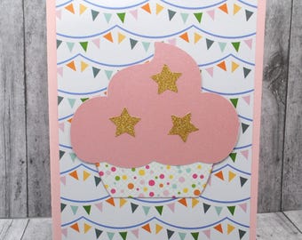 Cupcake Birthday Card: Glitter Stars & Pennant Banner, Pink