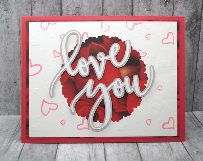 Love You Card: Rose and Embossed Hearts