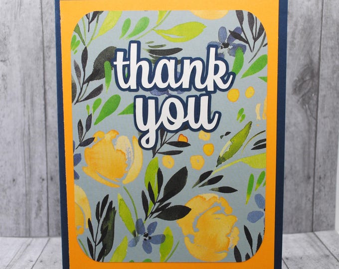 Floral Navy & Yellow Thank You Card, Blank Greeting Card