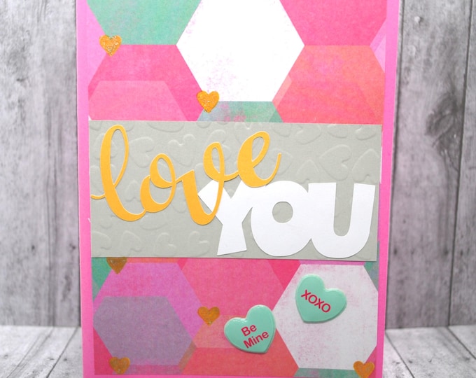 Love You Greeting Card: hearts & hexagons