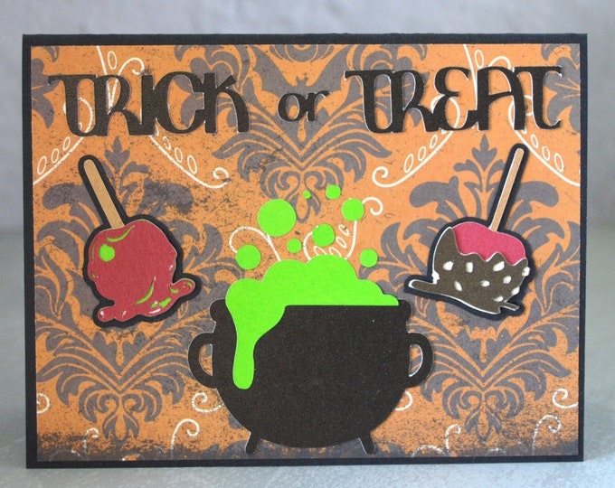 Trick or Treat Cauldron & Apples Halloween Card, Blank Greeting Card