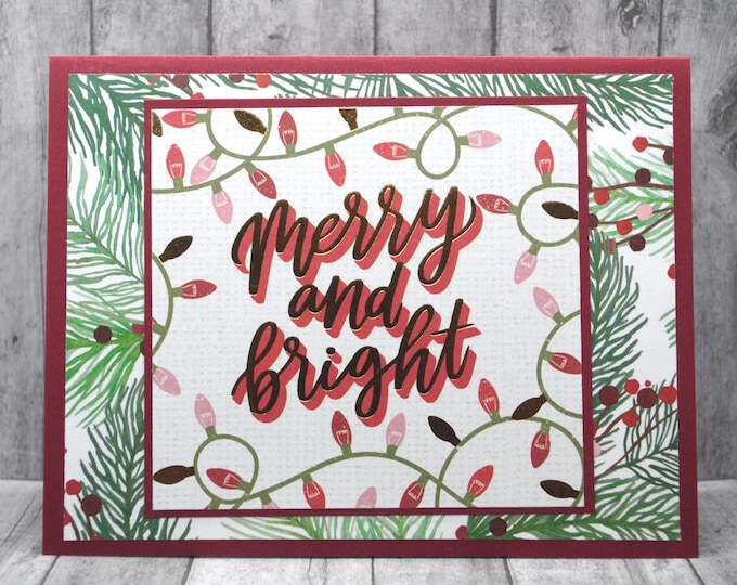 Merry and Bright Christmas Card - Lights and Pine