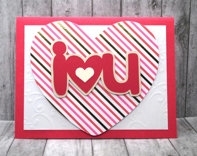 i heart u Greeting Card: Red & Gold Stripes