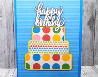 Polka Dot Birthday Cake Card: Tiered Cake - Blue