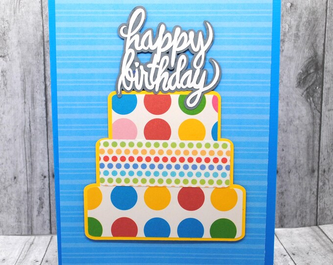 Polka Dot Birthday Cake Card: Tiered Cake - Blue