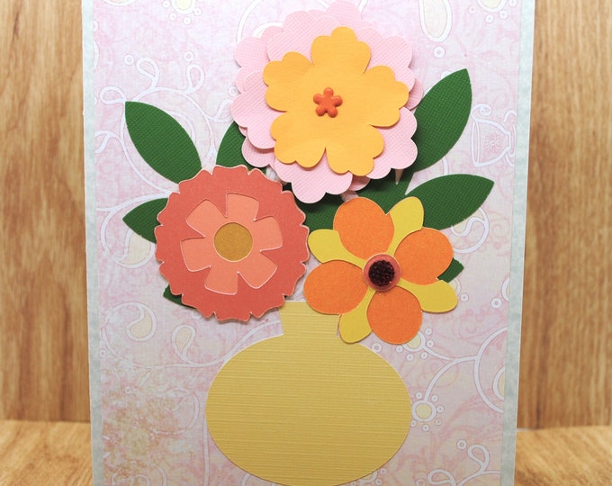 Pink and Yellow Flower Bouquet Card, Blank Greeting Card