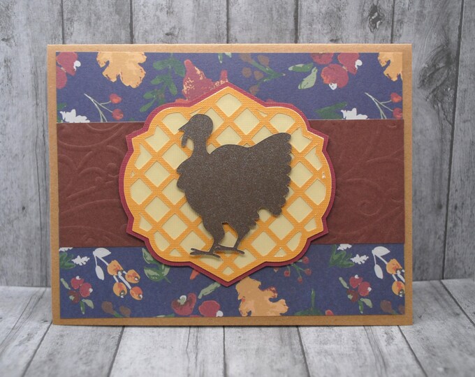 Turkey with Fall Foliage Thanksgiving Card: Brown & Navy