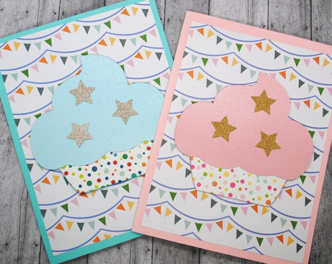 Your Choice - Pennants & Stars Birthday Cupcake Card - Greeting Card - Blank Note Card