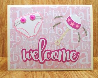 Pink Welcome Baby Card, Blank Greeting Card