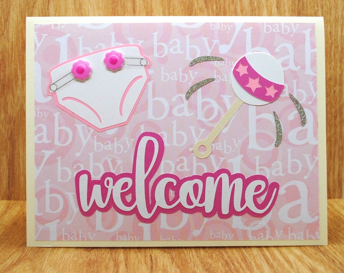 Pink Welcome Baby Card, Blank Greeting Card