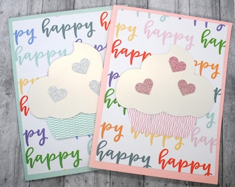 Your Choice - Happy Hearts Birthday Cupcake Card - Greeting Card - Blank Note Card