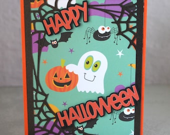 Spooky Friends Halloween Card: Happy Ghost & Spiders