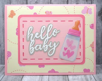 Hello Baby Greeting Card: Pink and Yellow, Butterflies, Bottle